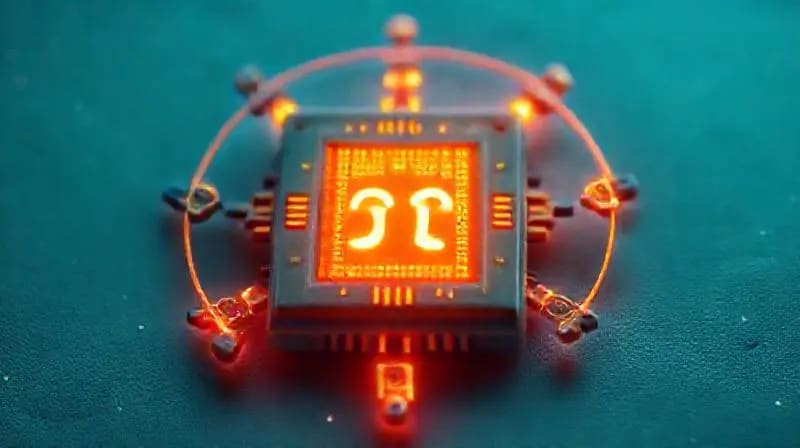 Ilustración vectorial abstracta de planetas estilizados orbitando un chip de computadora central, con líneas de datos luminosas y etéreas conectándolos en una danza cósmico-digital