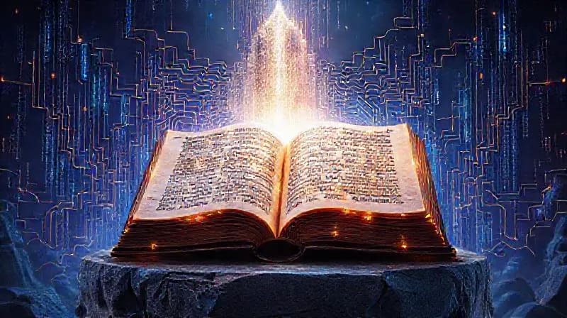 Libro abierto con texto antiguo entrelazado con circuitos electrónicos, simbolizando la fusión de sabiduría ancestral y tecnología moderna.