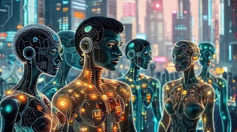 Diverse group of enhanced people in futuristic city