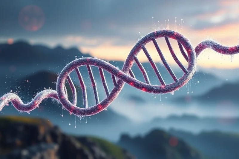 DNA helix intertwined with ethical symbols and scientific elements