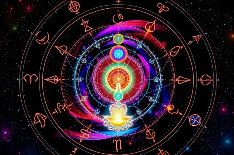 Representación abstracta digital de chakras y aura en un entorno virtual, con colores vibrantes y patrones geométricos.
