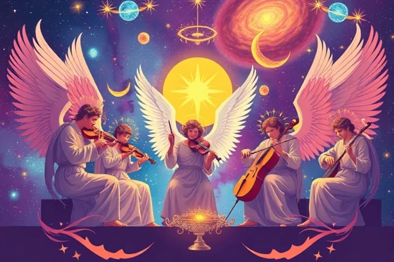 Pintura digital de ángeles tocando instrumentos celestiales, sus melodías formando galaxias y planetas en el espacio.