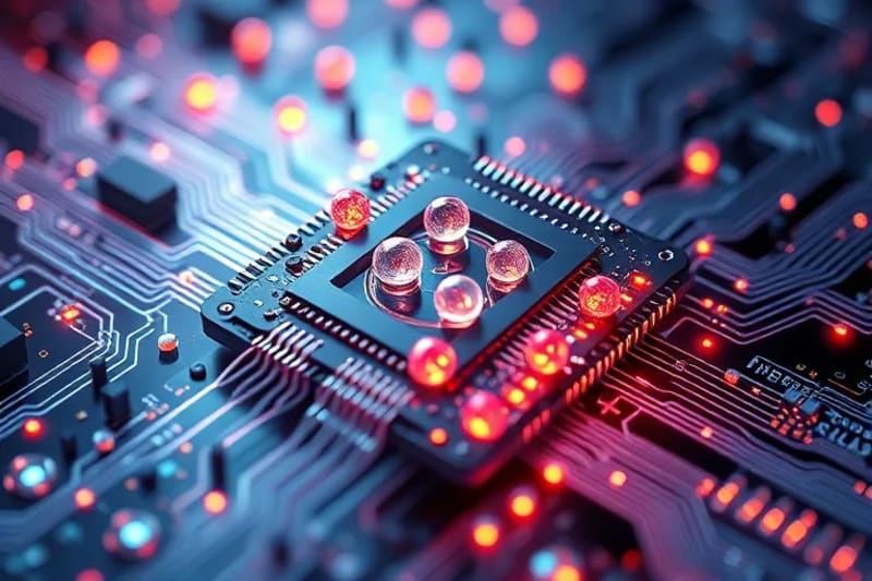 Render 3D de un procesador de computación cuántica con qubits