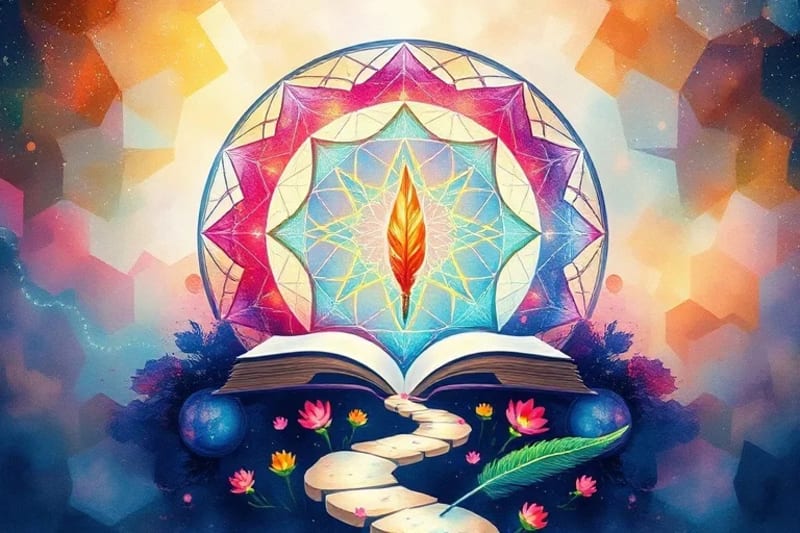 A watercolor painting depicting a blooming garden with symbolic elements like an open book and a winding path, representing the journey of self-discovery and inner growth.