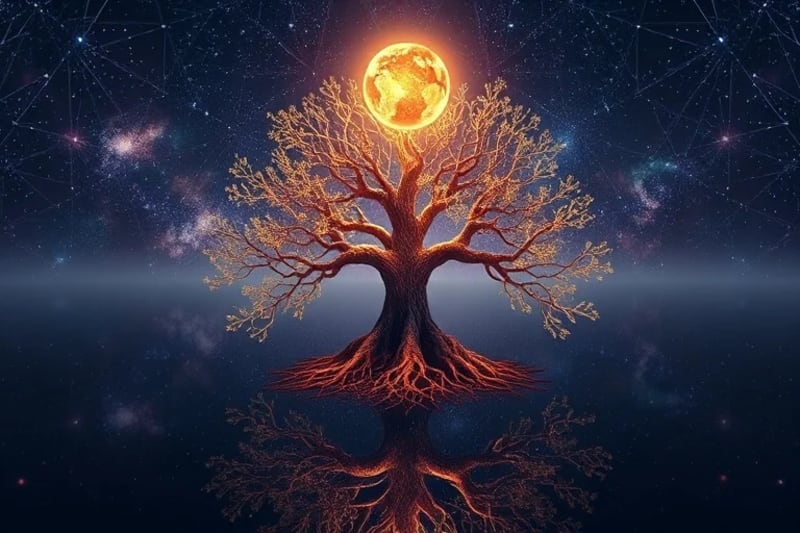 A 3D render of interconnected neural pathways forming a tree, with roots in a reflective pool and a glowing orb representing consciousness, symbolizing decoded dream messages.