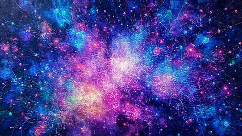 Trama abstracta de nodos y líneas digitales en tonos eléctricos, simbolizando la complejidad de las redes neuronales y la creación algorítmica.
