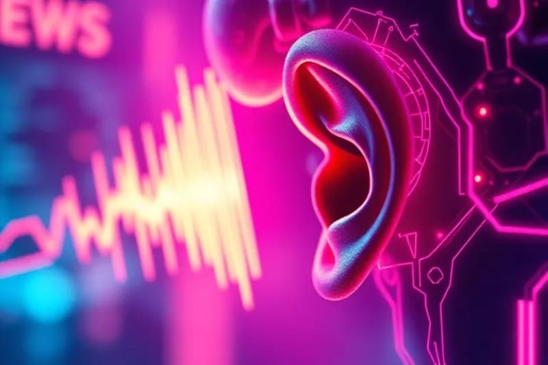 Primer plano de una oreja y la sien de una persona, con líneas luminosas que emanan de la oreja y se extienden por la sien, representando las ondas sonoras que penetran en el cerebro y su impacto inmediato.
