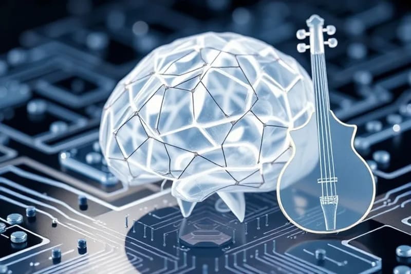 Bodegón conceptual en 3D con formas geométricas abstractas interconectadas que representan regiones cerebrales, con instrumentos musicales translúcidos integrados, simbolizando la interacción sutil entre la música y la arquitectura cerebral.