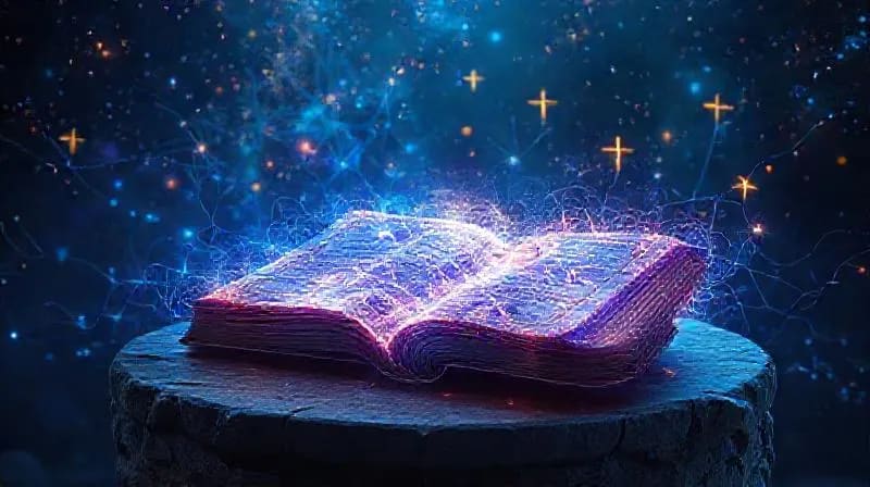Representación abstracta de redes neuronales y entrelazamiento cuántico, con hilos luminosos formando símbolos espirituales.