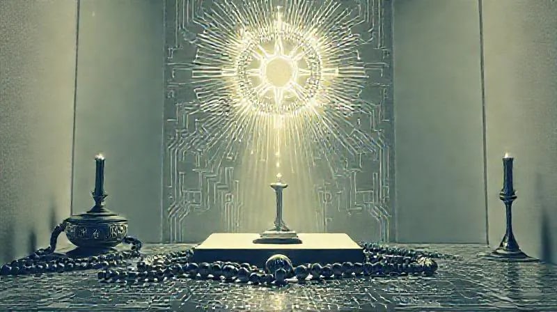 Altar futurista donde las cuentas de oración se integran con patrones de circuitos luminosos, bajo un escudo de luz etérea.