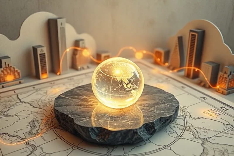 Ancient geomantic compass on a modern city map with energy trails