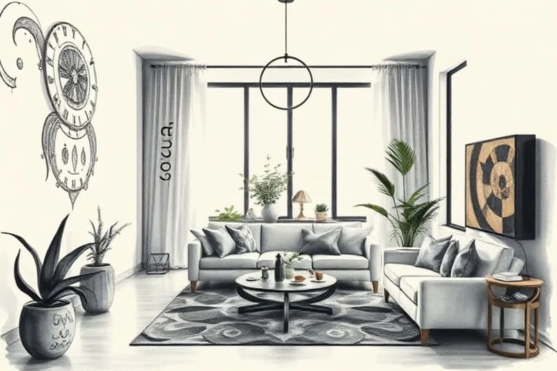 Serene watercolor of a balanced and harmonious apartment interior