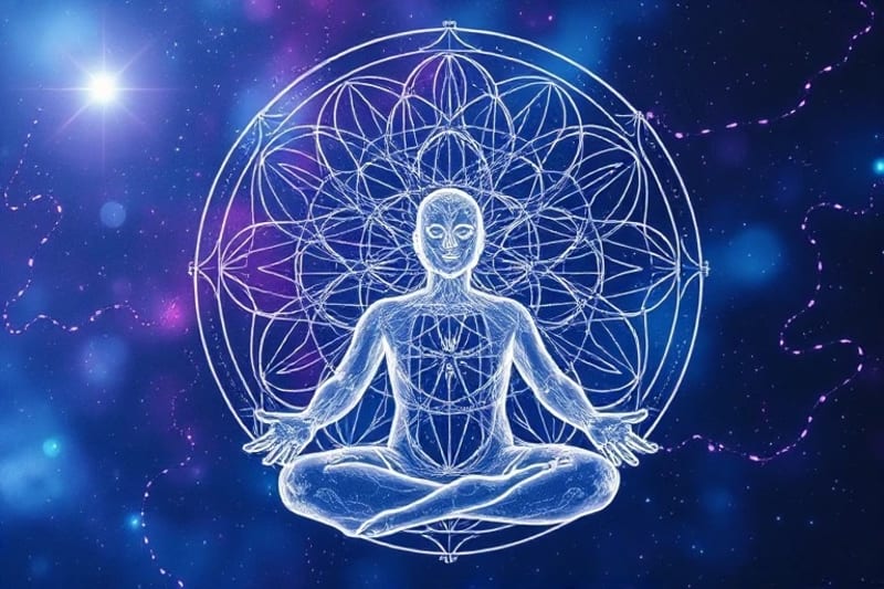 Figura meditativa en un espacio virtual con patrones de la Flor de la Vida y luz suave