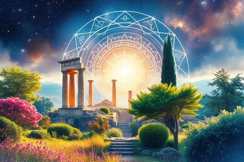 Watercolor painting of a serene landscape with ancient ruins intertwined with a blossoming garden, subtle astrological symbols in the sky, conveying peaceful spiritual growth