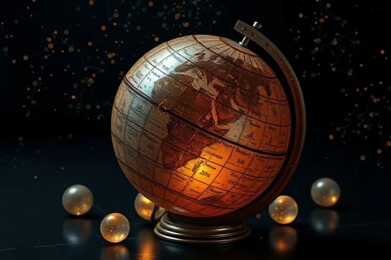 Antiguo globo celestial con esferas translúcidas orbitando, simbolizando las casas derivadas y sus influencias kármicas.