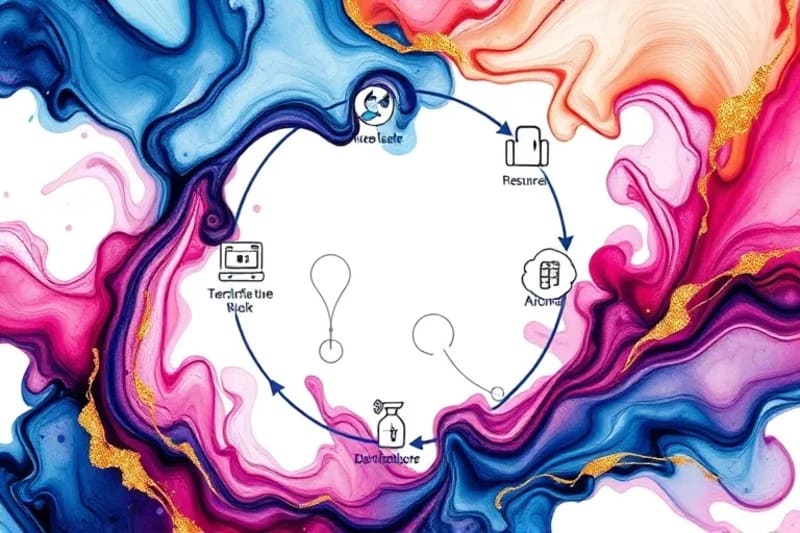 Stylized infographic showing product journey in a circular economy with loops for reuse, repair, remanufacture, recycle, integrated with digital elements like cloud and IoT