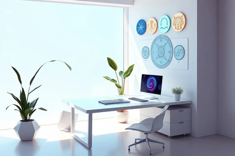 A 3D render of a minimalist, futuristic digital nomad office with clean lines, integrated lighting, and subtle natural elements, promoting focus and tranquility.