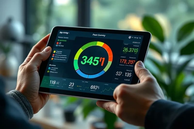 Close-up of diverse hands interacting with a tablet displaying a business dashboard with resource efficiency and waste reduction metrics, with a blurred green factory in the background