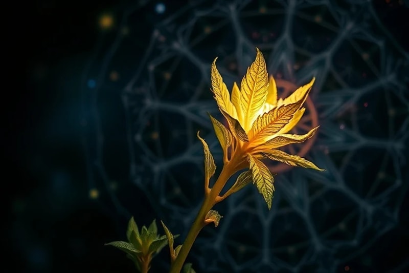 Primer plano de un tallo de planta vibrante con hojas intrincadas y patrones de energía cuántica, simbolizando la vibración sutil.