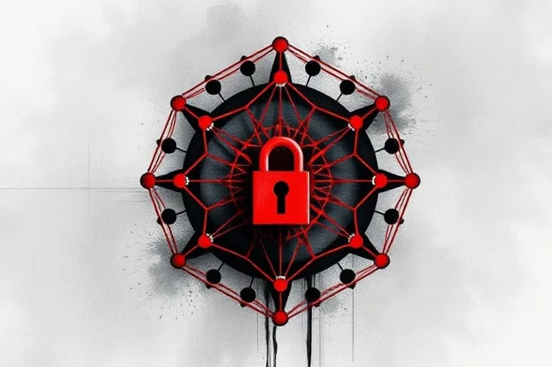 Ilustración vectorial de algoritmos criptográficos post-cuánticos con formas geométricas entrelazadas y un candado digital seguro.