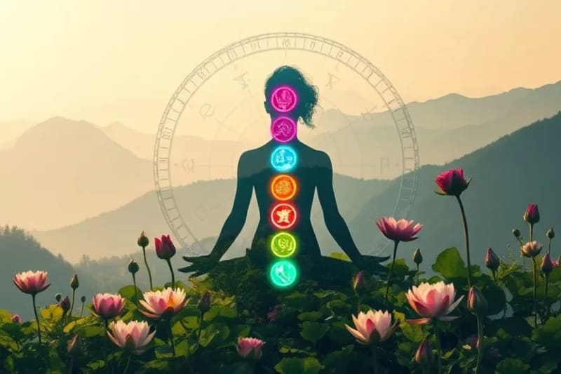 Representación artística de chakras humanos entrelazados con plantas curativas en un paisaje natural