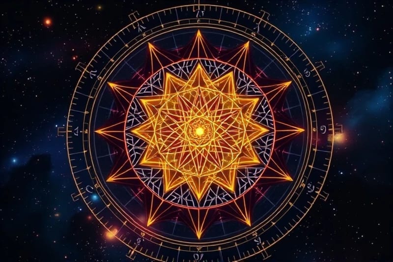Abstract digital painting of a natal chart with complex planetary aspect patterns.