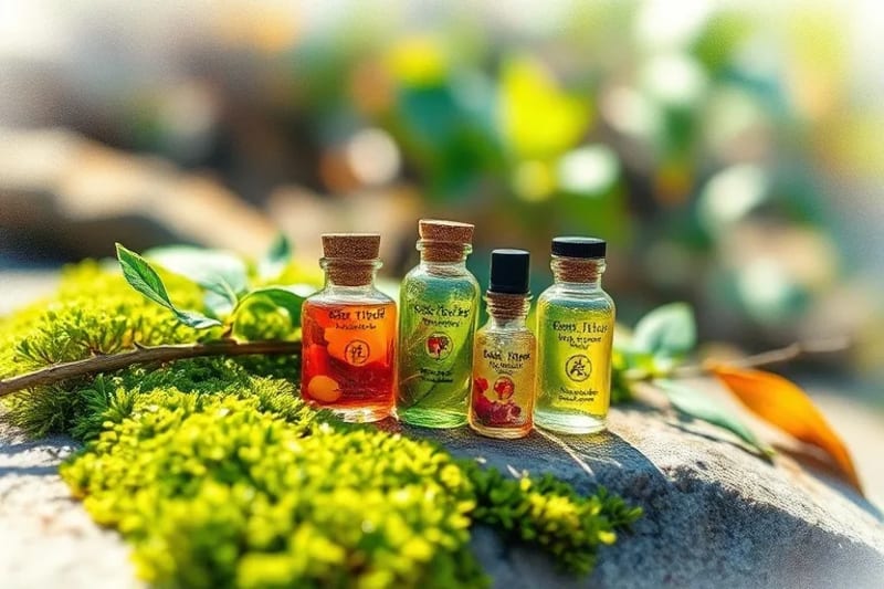Fotografía macro de botellas de elixir vibrantes con plantas y cristales sobre una piedra musgosa