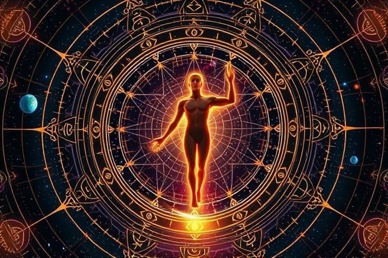 Stylized human figure evolving amidst cosmic energies, symbolizing astrological growth.