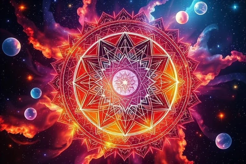 Representación abstracta de la conciencia humana inmersa en una nebulosa digital con planetas translúcidos, simbolizando tránsitos astrológicos.