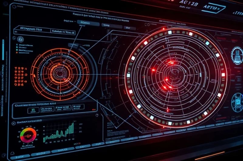 Render 3D de interfaz de IA mostrando cálculos astrodinámicos