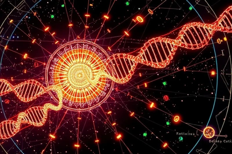 A complex 3D render of an interconnected, glowing network of nodes and lines, resembling a cosmic web with subtle DNA structures, symbolizing karmic and ancestral connections.