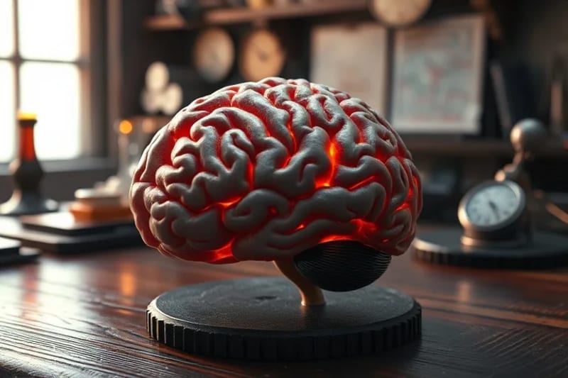 Modelo detallado de un cerebro humano con patrones de actividad neuronal superpuestos, sobre una mesa de madera con instrumentos científicos.