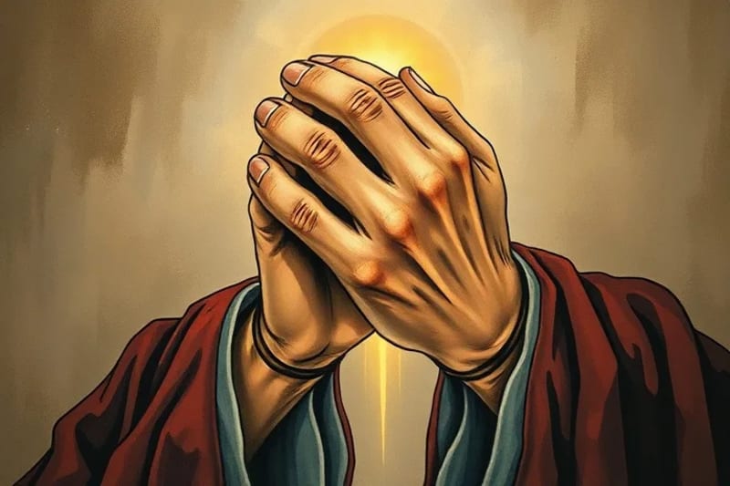 Manos clasped en oración con marcas sutiles y luminosas en las palmas, al estilo de una pintura al óleo renacentista, sobre un fondo místico.