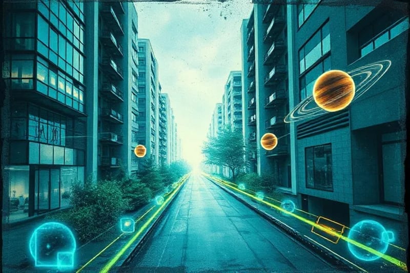 Digital illustration of city buildings with abstract energy lines and zodiac symbols, representing cosmic influence.