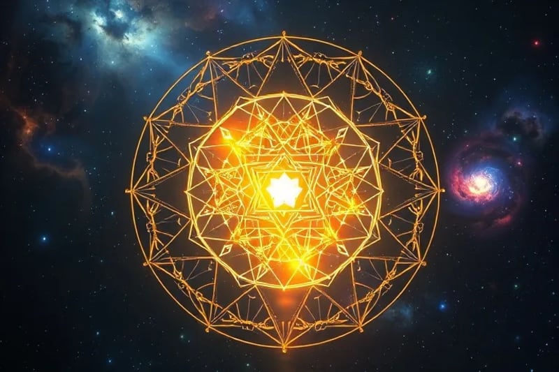 Una representación abstracta de la danza cósmica del destino, con hilos luminosos que conectan el pasado, presente y futuro, simbolizando los tránsitos nodales.