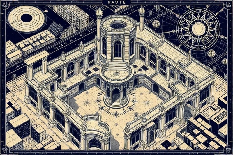 Architectural blueprint with subtle energetic lines and celestial symbols, representing integrated design.