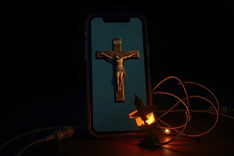 Pantalla de smartphone con reflejo distorsionado y cables enredados, simbolizando la adicción digital y la lucha espiritual.