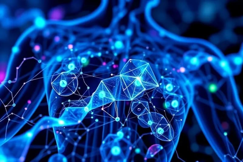 Visualización abstracta de datos genómicos y rutas hormonales interconectadas.