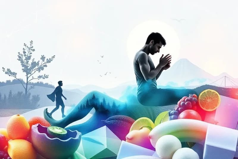 Composición artística de elementos holísticos para el bienestar masculino, incluyendo nutrición, ejercicio y relajación.