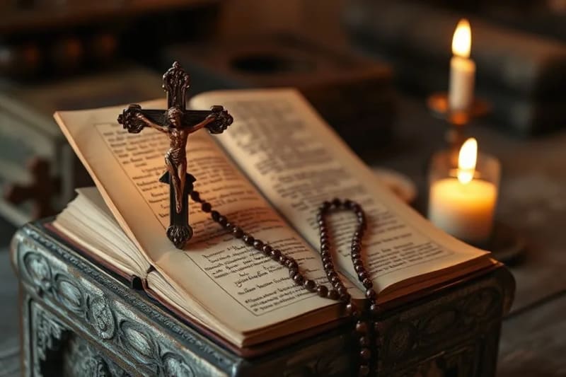 Detalle de un crucifijo antiguo con un rosario, simbolizando fe y protección.