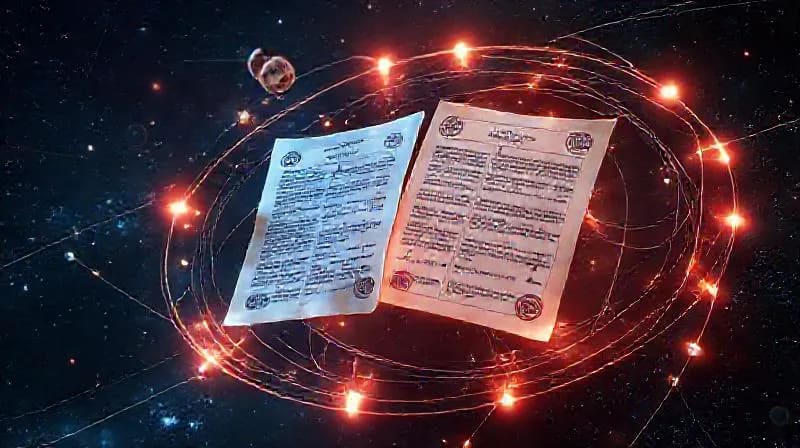 Documentos legales flotando en el espacio con símbolos de soberanía