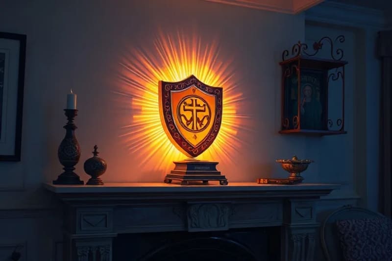 Escudo de luz divina protegiendo un hogar moderno, simbolizando paz y seguridad espiritual.