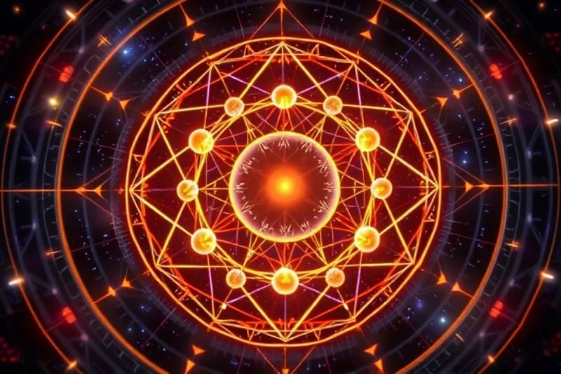 Abstract 3D rendering illustrating complex energetic overlays and astrological interactions between charts.