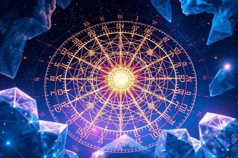 Patrones de geometría sagrada tridimensionales flotando en un entorno de realidad virtual, con sutiles referencias astrológicas.
