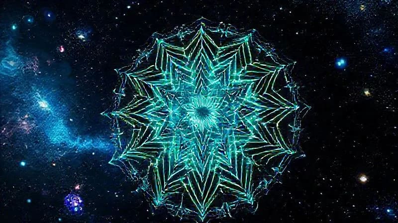 Representación abstracta de la inteligencia artificial interactuando con datos cósmicos y patrones astrales, con flujos de energía y luz.