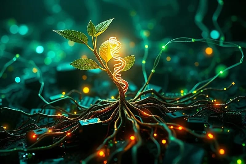 Representación abstracta de la conexión entre naturaleza y tecnología