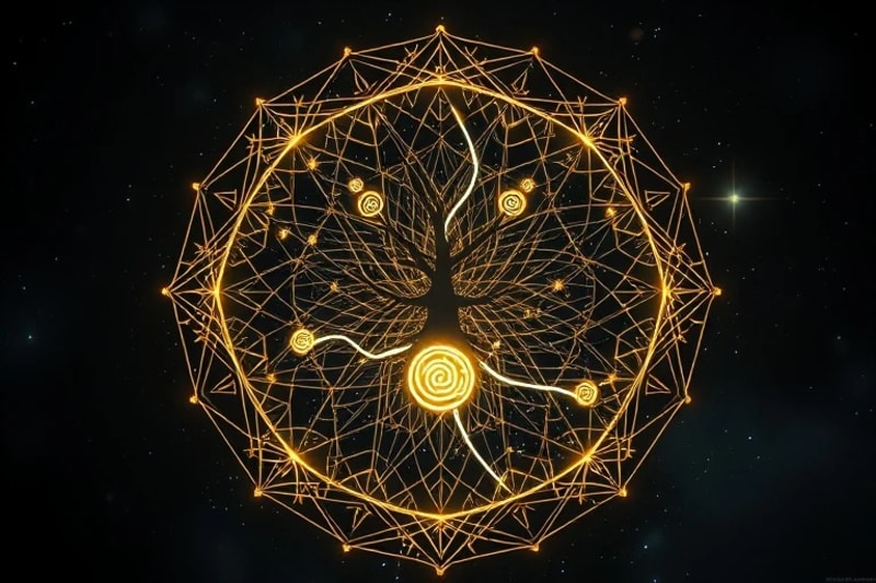 Glowing neural network forming a human mind with archetypal symbols