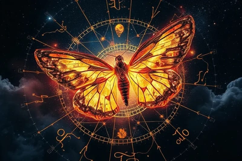 Representación abstracta de la metamorfosis del alma, con formas etéreas y luminosas emergiendo de un capullo oscuro y complejo.