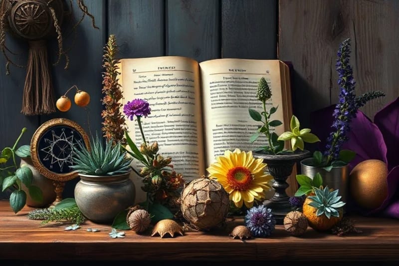 Detailed oil painting of herbs with planetary symbols