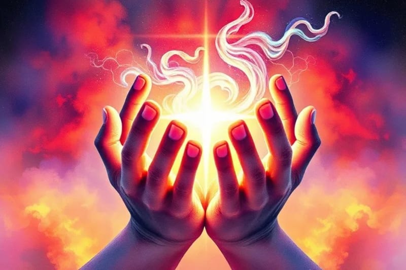 Manos sosteniendo luz de paz y renovación espiritual